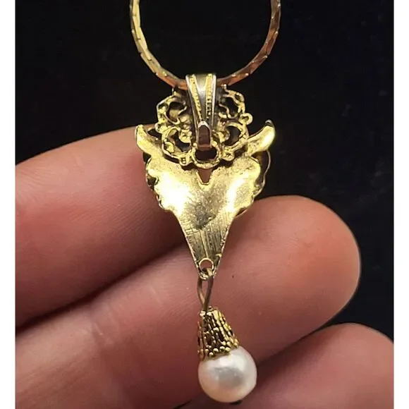 Antique Freshwater Pearl Gold Fill Leaf Pearl Drop Necklace 18in - Picture 3 of 6